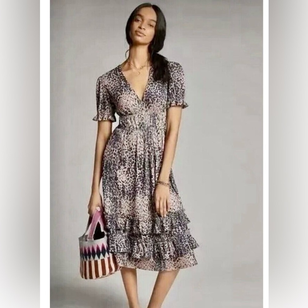 Anthropologie HUTCH Adelia Leopard Ruffled Tiered Midi Dress Small